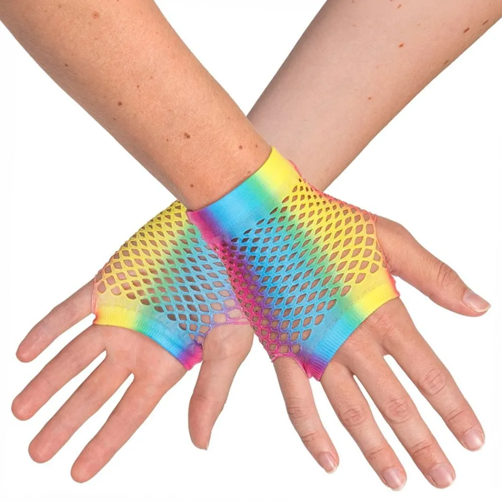 Boland Party Partners B.V. 80’er UV Fingerløse Korte Nethandsker Regnbue Neon - Tøj|Tilbehør