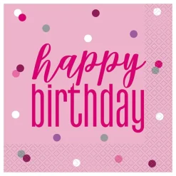 Unique UK Inc t/as Unique Party Servietter Happy Birthday Lyserød/Sølv