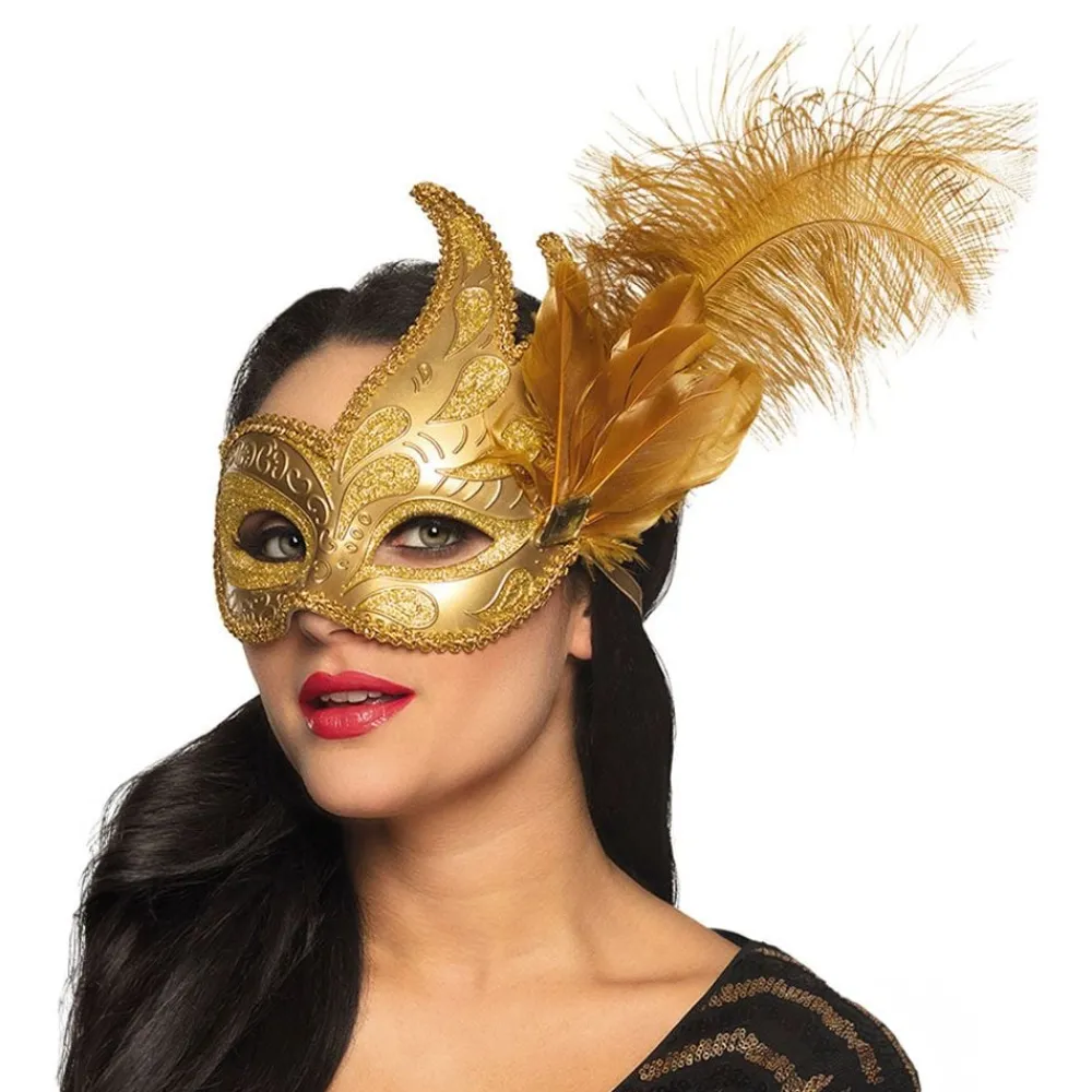 Discount Boland Party Partners B.V. Venetiansk Maske Guld med Fjer